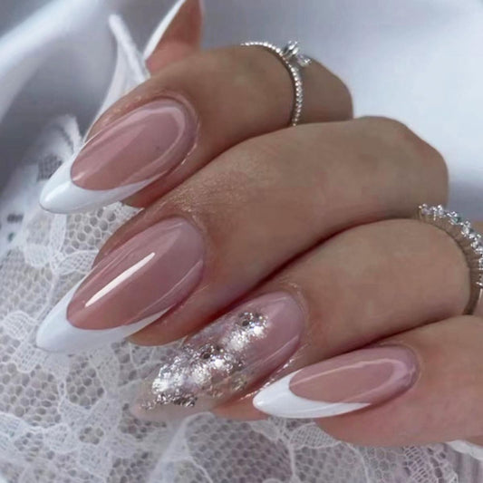 DOCVOEOMH Almond Shaped Press on Nails Medium French White Acrylic Fake Press Ons Nails with Glitter Design Glue on Glossy Full Cover Artificial False Stick on Nail for Girls Women Daily Wear 24PCS